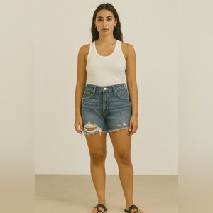 Good American Distressed High Waist Raw Hem Blue Jean Shorts.  Size-6